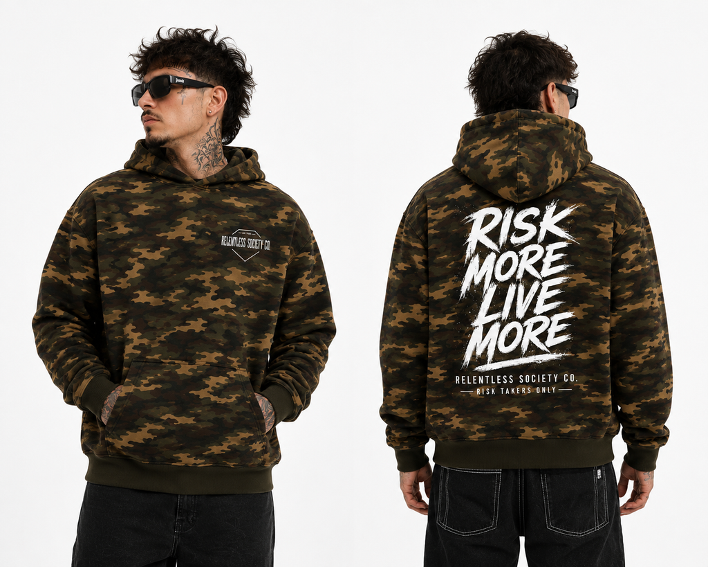 Risk More. Live More. Camo Hoodie